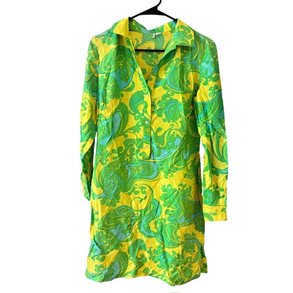 Vintage St. Vincent Women's Blue, Yellow & Green Longsleeve Dress